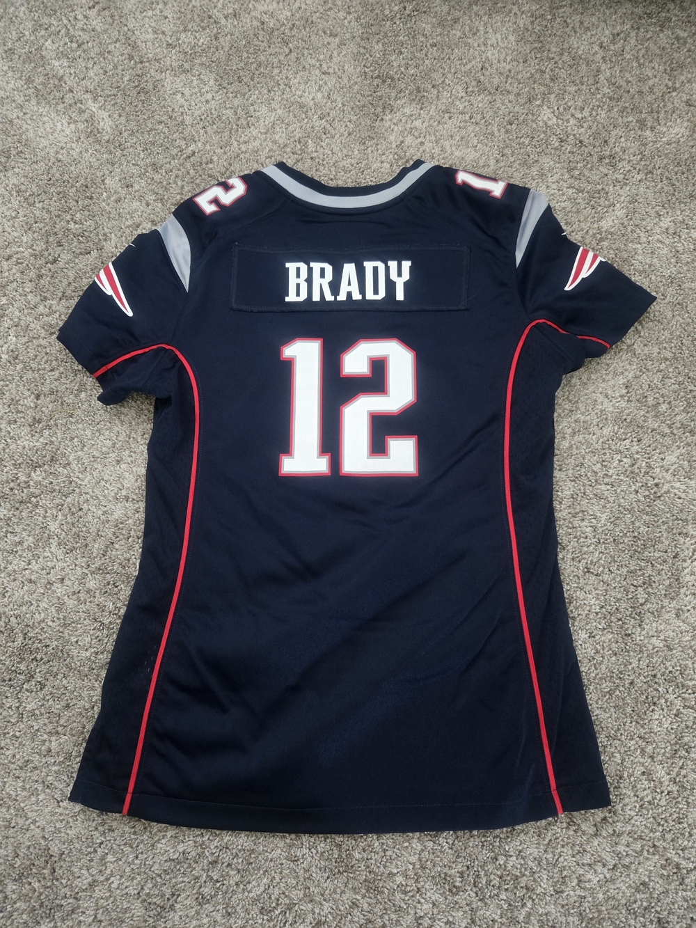 Nike Navy Women's Football Jersey with Red & White Accents - BRADY #12